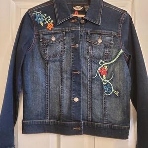 Harley-Davidson Dark Blue Denim Jacket with Floral Embroidery